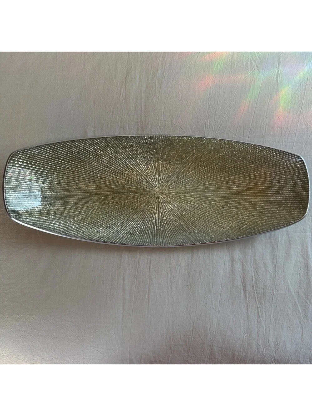 Simplydesignz Handcrafted Aluminum Oval Tray Silver Texture Sunburst Platter MCM